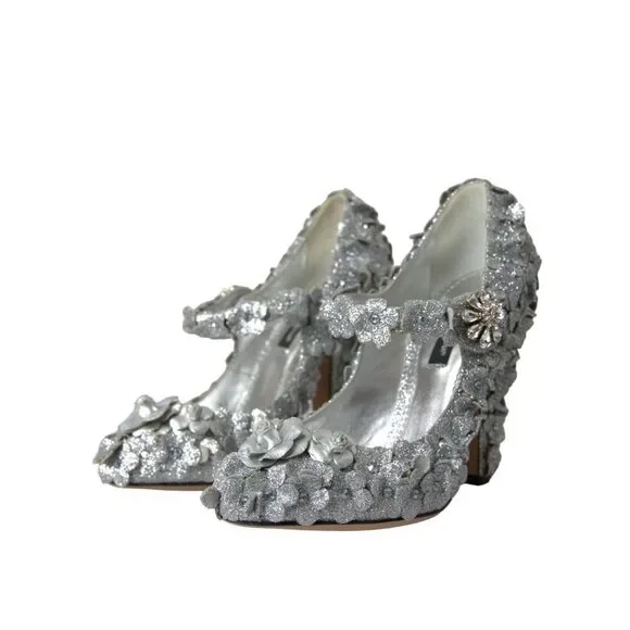Dolce & Gabbana Silver Floral Crystal Mary Jane Pumps Shoes - Picture 3 of 9